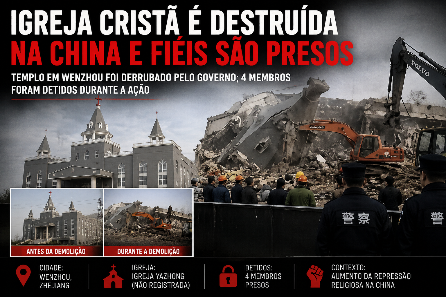 Igreja cristã é destruída na China e fiéis acabam detidos após ação do governo